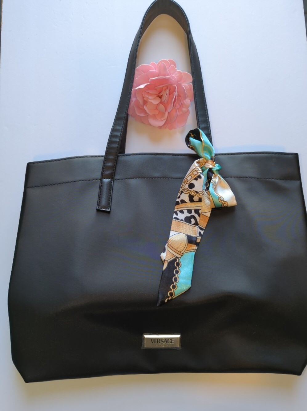 Versace Large Black Tote with Turquoise and Gold Accent Scarf